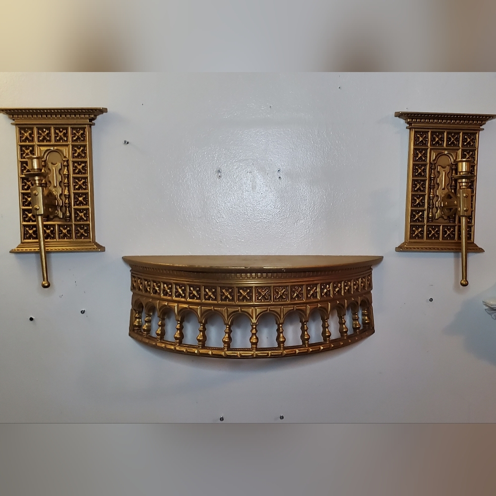 Vintage Ornate Cathedral Renaissance Wall Scone Shelf and Candle Holder Set